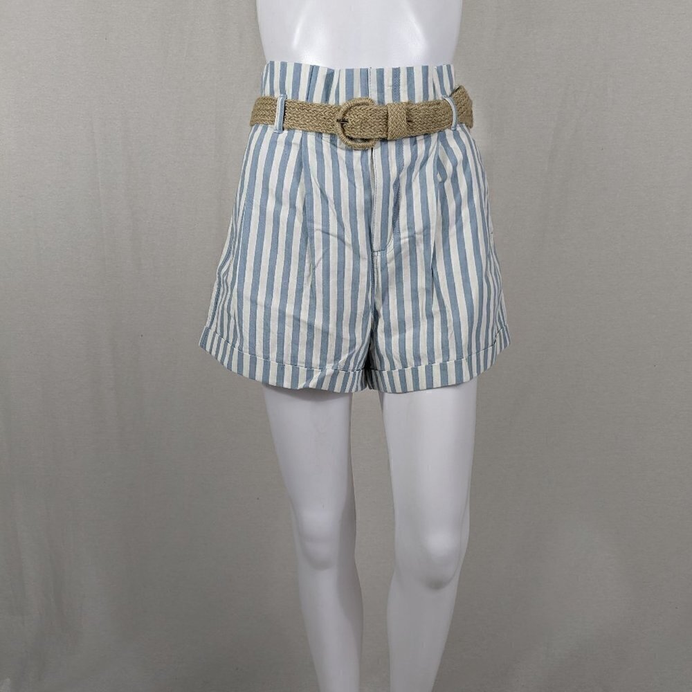 Mine Paper Bag Blue Nautical Striped Shorts Belted Beach Casual Summer Womens M